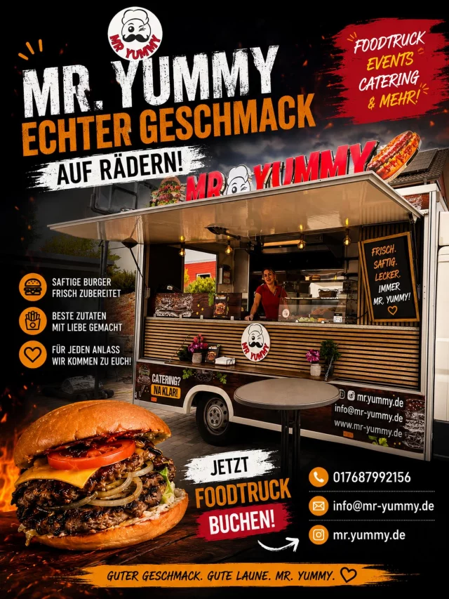 🔥 ECHTER GESCHMACK AUF RÄDERN! 🍔🚚MR. YUMMY bringt frische Burger, saftige Hotdogs und echtes Streetfood-Feeling direkt zu euch!Ob Event, Geburtstag, Firmenfeier oder Catering – wir sorgen für den Geschmack, über den eure Gäste noch lange sprechen werden. 😍✅ Frisch zubereitet✅ Hochwertige Zutaten✅ Mit Liebe serviert📍 Jetzt Foodtruck buchen!📞 017687992156📧 info@mr-yummy.de📲 Instagram: @mr.yummy.de#MrYummy #Foodtruck #BurgerLiebe #Catering# StreetFood BurgerTruck FoodEvent Nagold BurgerTime FreshBurger EventCatering Foodlover Hotdog SmashBurger