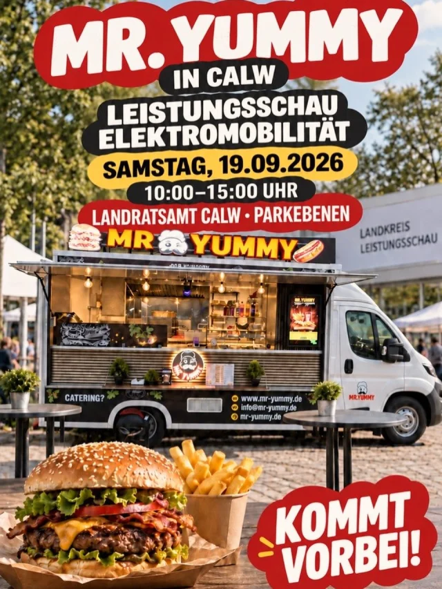 📣▶️LEISTUNGSSCHAU ◀️📣ELEKTROMOBILITÄT IN CALW Am Samstag, den 19. September 2026, sind wir mit unserem Mr. Yummy Foodtruck bei der Leistungsschau Elektromobilität in Calw dabei! Freut euch auf verschiedene Elektrofahrzeuge, interessante Vorträge, Informationsstände und einen autonomen Shuttle zum Testen.Natürlich sorgen wir von Mr. Yummy für das leckere Essen:🍔 Saftige Burger🌱 Veggie-Varianten🍟 Knusprige Pommes📅 Samstag, 19.09.2026⏰ 10:00–15:00 Uhr📍 Landratsamt Calw – ParkebenenKommt mit eurer Familie und euren Freunden vorbei, besucht die Ausstellung und genießt anschließend einen leckeren Burger bei uns! ❤️🍔Wir freuen uns auf euch!Euer Mr. Yummy Team#MrYummy #MrYummyFoodtruck #Calw #Nagold #LandkreisCalw Leistungsschau Elektromobilität Elektroauto EAuto Foodtruck FoodtruckCalw Streetfood Burger BurgerLiebe Pommes VeggieBurger Gastronomie Familienausflug WochenendeInCalw RegionalGenießen
